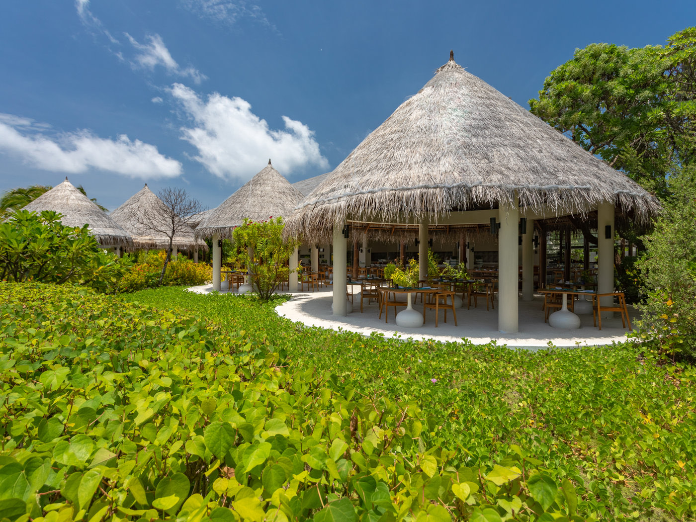 Open-sided thatched restaurant pavilions with timber tables, ringed by white sand paths and low green foliage under a blue sky.